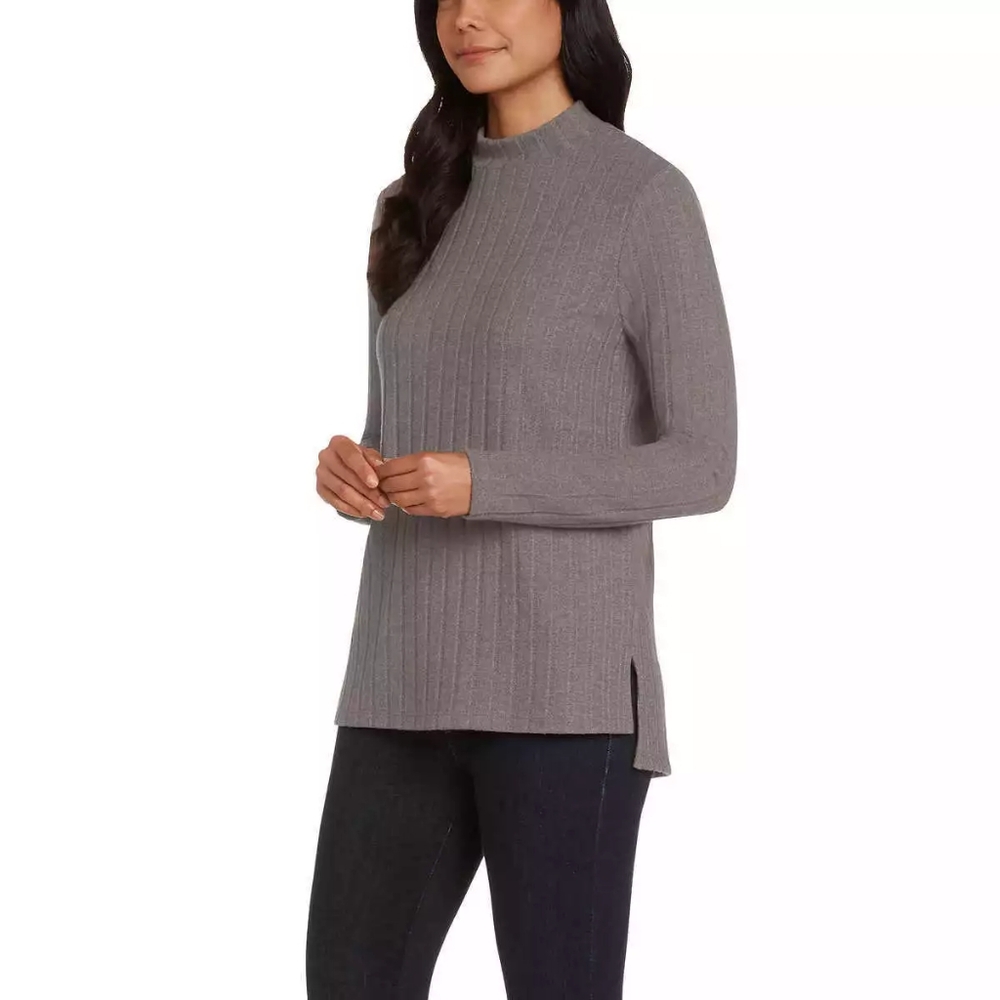 Matty M Women's Mock Neck Ribbed Tunic Top, Heather Pebble, Size L